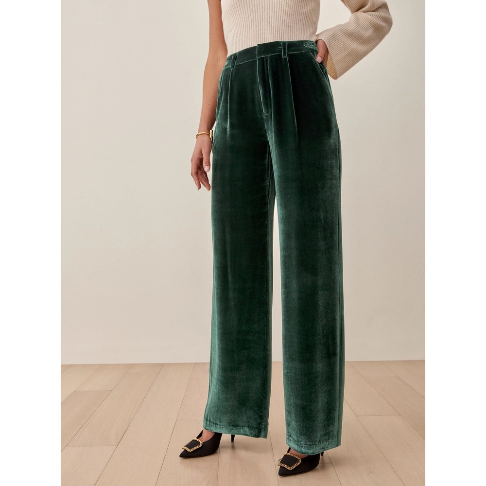 Reformation Wes Velvet Pants High Rise Wide Leg Pull On Green Silk Blend 18